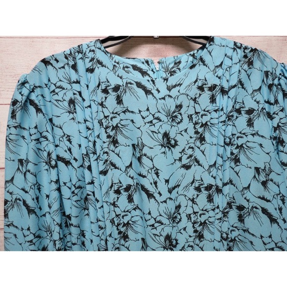 Vintage Warell Blue & Black Floral Dress with Belt Size 14 P Pleated Top - Picture 2 of 11